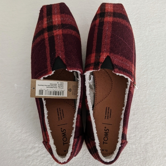 TOMS Slip On Flat Belmont Wool Blend Red Plaid Upper Faux Shearling Lined 10 NWT - Picture 13 of 13